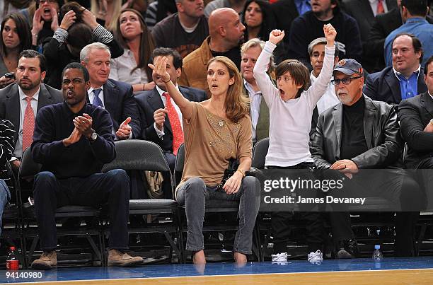 Chris Rock, Celine Dion, Rene Charles Angelil and Rene Angelil attend the Portland Trailblazers Vs. New York Knicks game at Madison Square Garden on...