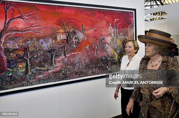 Dutch Queen Beatrix walks past a painting by Dutch artist Jantien Jongsma on May 13, 2009 during the opening of the 25th edition of Amsterdam Art....