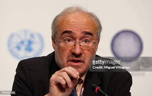 Michel Jarraud, Secretary-General of the World Meteorological Organisation, WMO, addresses the media during the second day of the United Nations...