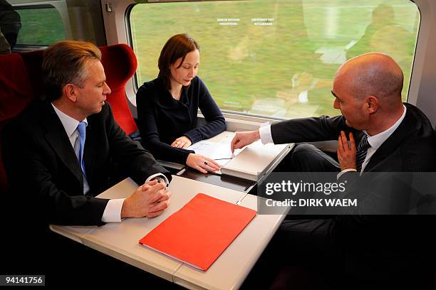 Infrabel Luc Lallemand, Federal Minister of Public Enterprises Inge Vervotte and CEO NMBS SNCB Holding Jannie Haeck speak during the inauguration of...