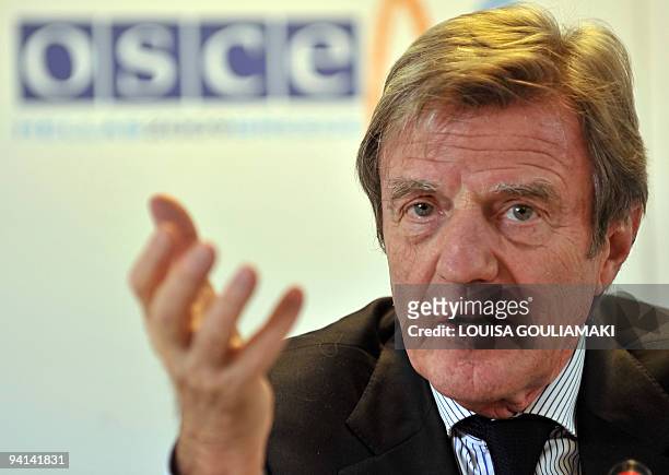 French Minister of Foreign Affairs Bernard Kouchner speaks to the media during the 17th OSCE Ministerial Council at the Hellenikon Olympic complex in...