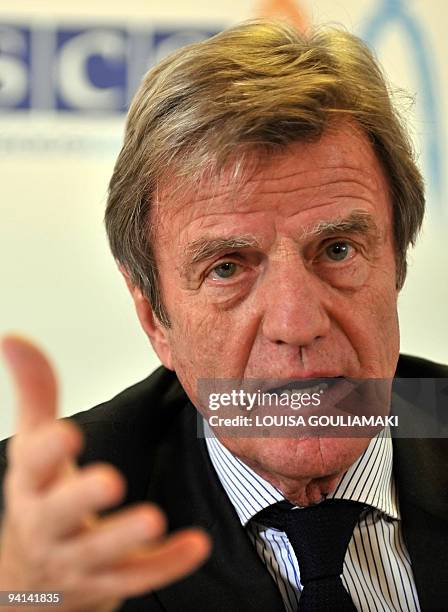 French Minister of Foreign Affairs Bernard Kouchner speaks to the media during the 17th OSCE Ministerial Council at the Hellenikon Olympic complex in...