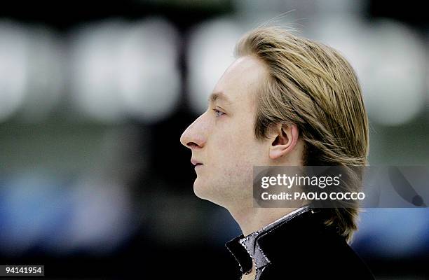 Evgeni Plushenko of Russia leaves the ice rink at the end of the men's short program competition at the European Figure Skating Championships in...