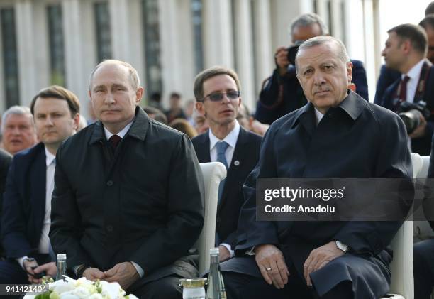 Turkish President Recep Tayyip Erdogan and Russian President Vladimir Putin attend the groundbreaking ceremony of Akkuyu Nuclear Santral via video...