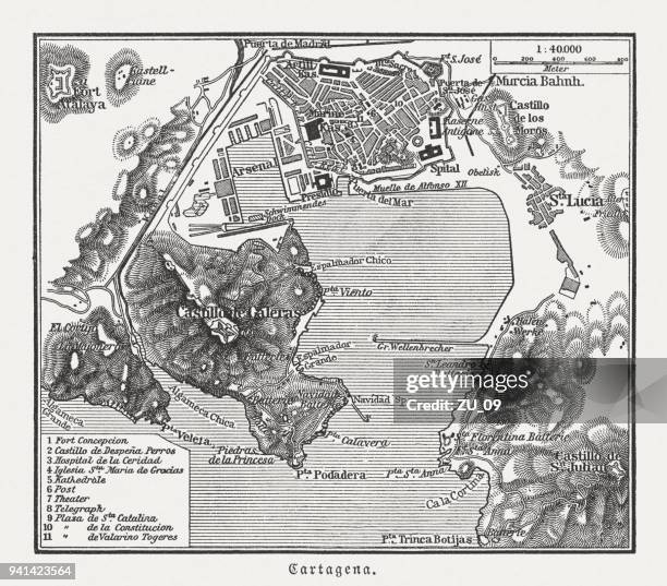 ilustraciones, imágenes clip art, dibujos animados e iconos de stock de mapa de la ciudad de cartagena, murcia, españa, grabado en madera, publicado 1897 - murcia