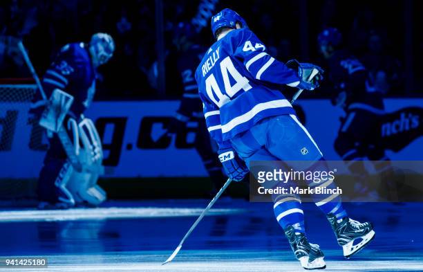 Morgan Rielly of the Toronto Maple Leafs takes the ice against the Winnipeg Jets at the Air Canada Centre on March 31, 2018 in Toronto, Ontario,...