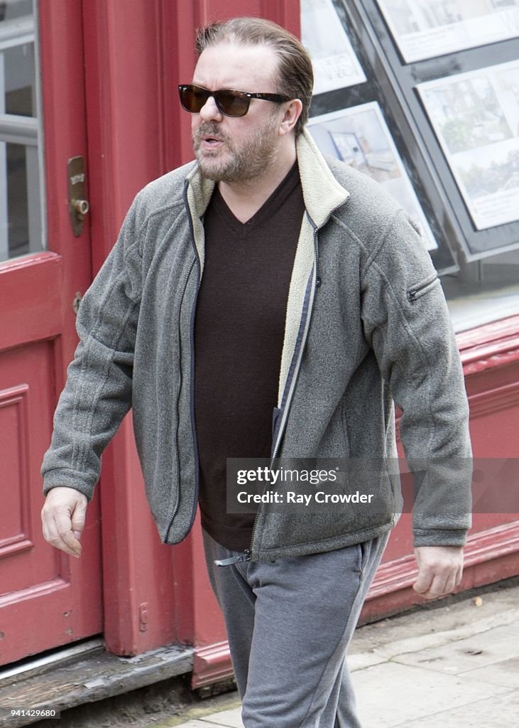 Ricky Gervais seen in Hampstead on April 3, 2018 in London, England