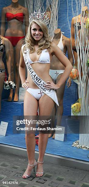 Miss England Georgia Horsley poses at a photocall at the launch of Miss England Bikini 2008 at the Kings Road Sporting Club on April 4, 2008 in...
