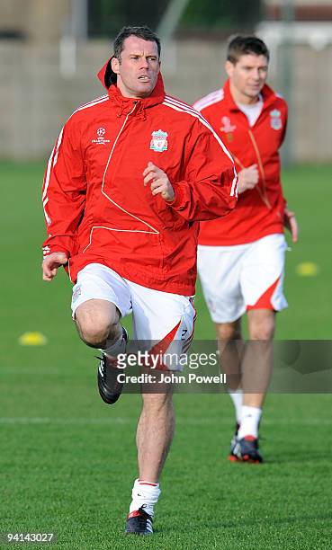 Jamie Carragher in action during a training session prior to the UEFA Champions League Group E match between Liverpool and Fiorentina at Melwood...