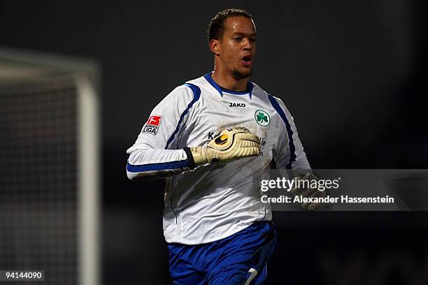 Stephan Loboue of Fuerth looks on during the Second Bundesliga match between SpVgg Greuther Fuerth and Alemania Aachen at the Playmobil Stadium on...