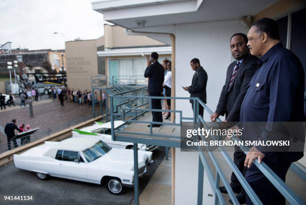 Rev. Jesse Jackson visits the balcony outside room 306 at the Lorraine Motel, where Martin Luther King Jr. Was assassinated, is seen on the grounds...
