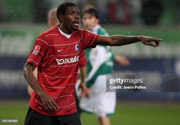 Mohamadou Idrissou of Freiburg gestures during the Bundesliga match between VfL Wolfsburg and SC Freiburg at Volkswagen Arena on December 5, 2009 in...