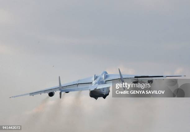 The worlds largest aircraft, the Antonov An-225 Mriya cargo aeroplane, takes off from the Antonov plant's airdrome in Gostomel, some 30 kilometres...