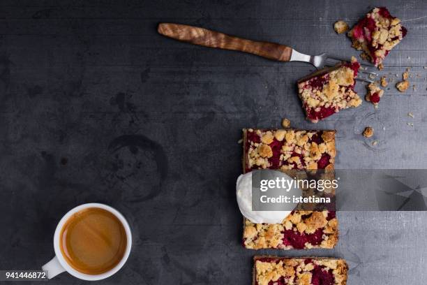 raspberry crumble bars with vanilla ice cream and cup of coffee - raspberry ice cream stock pictures, royalty-free photos & images