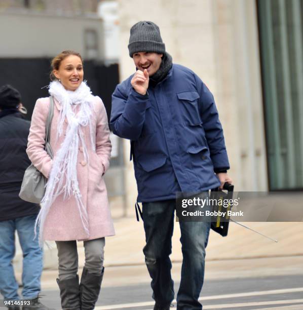 Actress Natalie Portman and director Darren Aronofsky film on location for "Black Swan" on the streets of Manhattan on December 7, 2009 in New York...