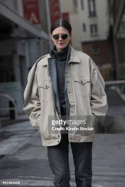 Creative director Romilly Mason wears a Y Project jacket and a Toga blazer day 4 of Paris Womens Fashion Week Spring/Summer 2018, on March 1, 2018 in...