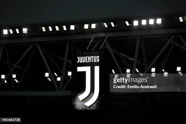 The Juventus logo is seen on a stand prior to the UEFA Champions League Quarter Final Leg One match between Juventus and Real Madrid at Allianz...