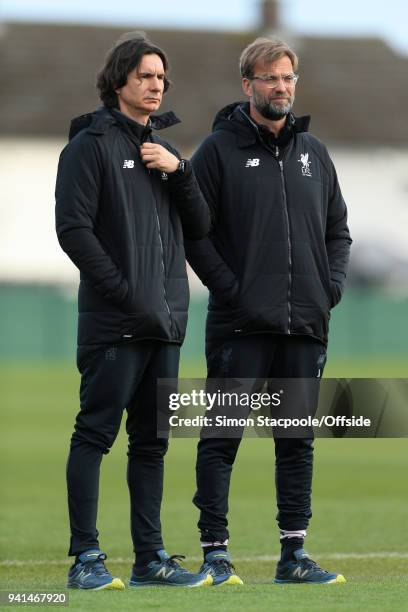 Liverpool manager Jurgen Klopp stands alongside assistant Zeljko Buvac during a training session prior to their UEFA Champions League Quarter Final...