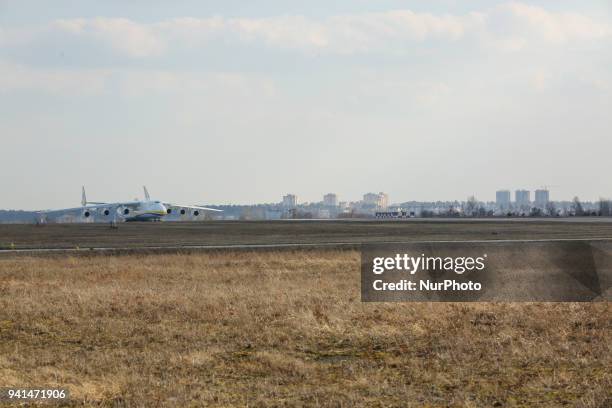 One of the world's largest cargo airplanes AN-225, Mriya, flies from Kiev to Leipzig , from where it will go on a commercial flight, in Gostomel,...
