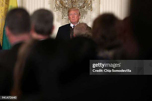 President Donald Trump arrives for a joint news conference with Estonian President Kersti Kaljulaid, Latvian President Raimonds Vejonis and...