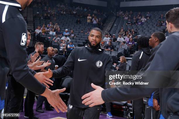 Aaron Harrison of the Dallas Mavericks gets introduced into the starting lineup against the Sacramento Kings on March 27, 2018 at Golden 1 Center in...