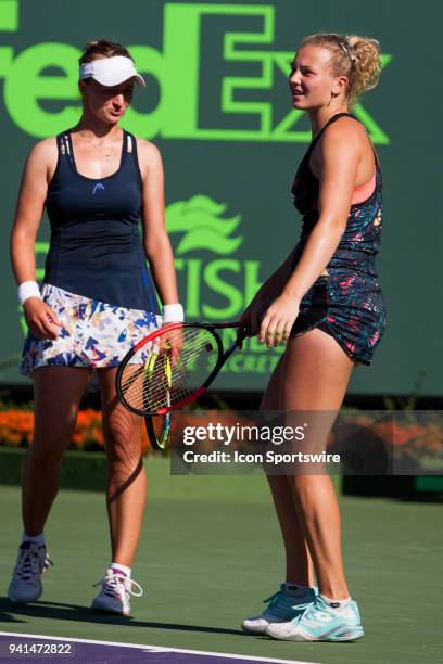 Barbora Krejcikova and Katerina Siniakova in action on Day 14 the Womens Doubles Final of the Miami Open Presented by Itau at Crandon Park Tennis...