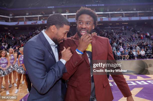 Garrett Temple of the Sacramento Kings talks with Wesley Matthews of the Dallas Mavericks on March 27, 2018 at Golden 1 Center in Sacramento,...