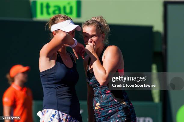 Barbora Krejcikova and Katerina Siniakova in action on Day 14 the Womens Doubles Final of the Miami Open Presented by Itau at Crandon Park Tennis...