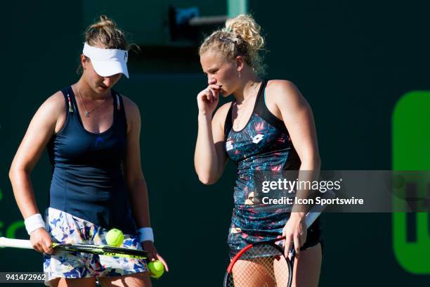 Barbora Krejcikova and Katerina Siniakova in action on Day 14 the Womens Doubles Final of the Miami Open Presented by Itau at Crandon Park Tennis...