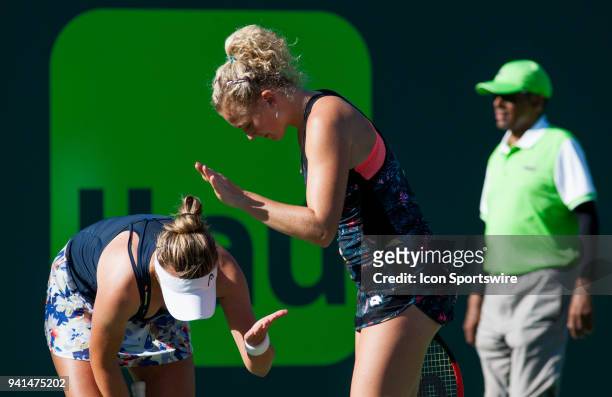 Barbora Krejcikova and Katerina Siniakova in action on Day 14 the Womens Doubles Final of the Miami Open Presented by Itau at Crandon Park Tennis...