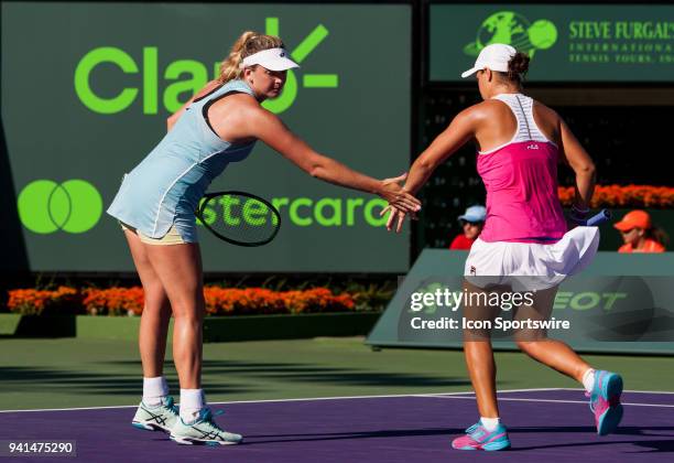 Ashleigh Barty and CoCo Vandeweghe in action on Day 14 the Womens Doubles Final of the Miami Open Presented by Itau at Crandon Park Tennis Center on...