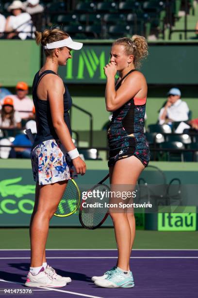 Barbora Krejcikova and Katerina Siniakova in action on Day 14 the Womens Doubles Final of the Miami Open Presented by Itau at Crandon Park Tennis...