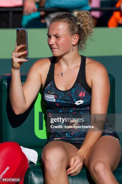 Barbora Krejcikova and Katerina Siniakova in action on Day 14 the Womens Doubles Final of the Miami Open Presented by Itau at Crandon Park Tennis...