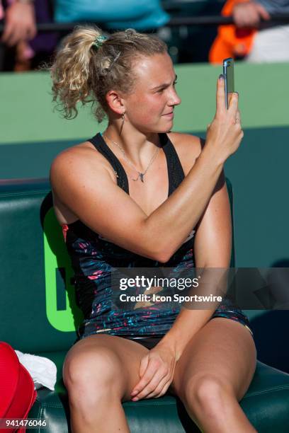 Barbora Krejcikova and Katerina Siniakova in action on Day 14 the Womens Doubles Final of the Miami Open Presented by Itau at Crandon Park Tennis...