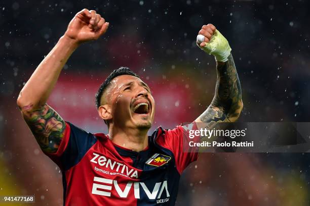 Gianluca Lapadula of Genoa celebrates after scoring a goal during the serie A match betweenGenoa CFC and Cagliari Calcio at Stadio Luigi Ferraris on...