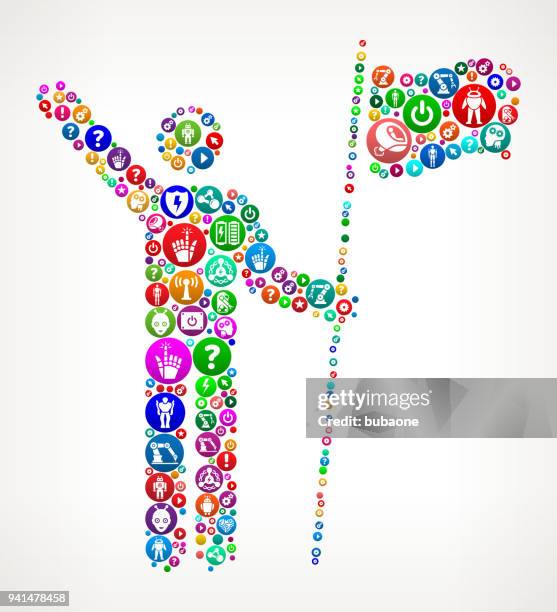 stick figure holding flag vector icon pattern background - powered exoskeleton stock illustrations