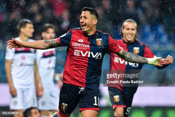 Gianluca Lapadula of Genoa celebrates after scoring a goal during the serie A match betweenGenoa CFC and Cagliari Calcio at Stadio Luigi Ferraris on...
