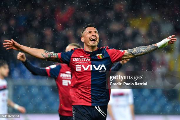 Gianluca Lapadula of Genoa celebrates after scoring a goal during the serie A match betweenGenoa CFC and Cagliari Calcio at Stadio Luigi Ferraris on...