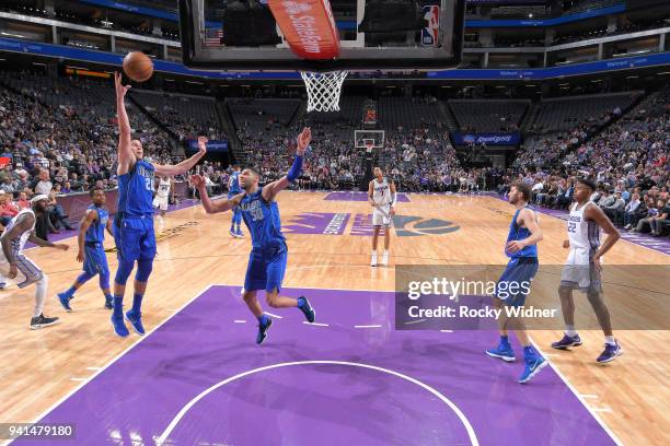 Doug McDermott of the Dallas Mavericks rebounds against the Sacramento Kings on March 27, 2018 at Golden 1 Center in Sacramento, California. NOTE TO...