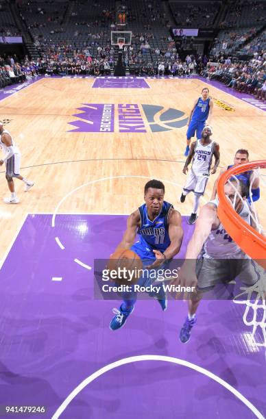 Yogi Ferrell of the Dallas Mavericks shoots a layup against the Sacramento Kings on March 27, 2018 at Golden 1 Center in Sacramento, California. NOTE...