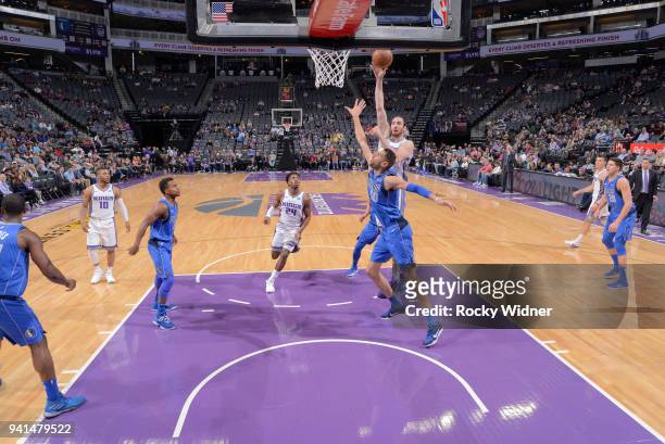 Kosta Koufos of the Sacramento Kings shoots against the Dallas Mavericks on March 27, 2018 at Golden 1 Center in Sacramento, California. NOTE TO...