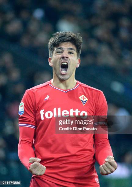 Giovanni Simeone of ACF Fiorentina celebrates after scoring his team's second goal during the serie A match between Udinese Calcio and ACF Fiorentina...
