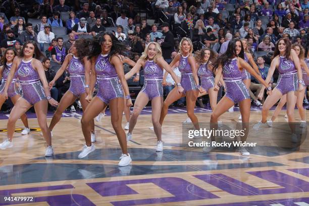 The Sacramento Kings dance team performs during the game against the Dallas Mavericks on March 27, 2018 at Golden 1 Center in Sacramento, California....