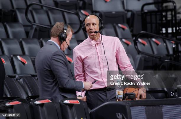 Sacramento Kings broadcaster Grant Napear and announcer Doug Christie look on prior to the game against the Dallas Mavericks on March 27, 2018 at...