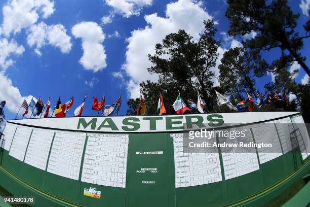 Detail of the scoreboard during a practice round prior to the start of the 2018 Masters Tournament at Augusta National Golf Club on April 3, 2018 in...