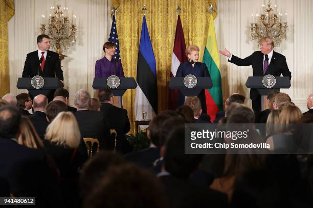 Latvian President Raimonds Vejonis, Estonian President Kersti Kaljulaid, Lithuanian President Dalia Grybauskaite and U.S. President Donald Trump,...