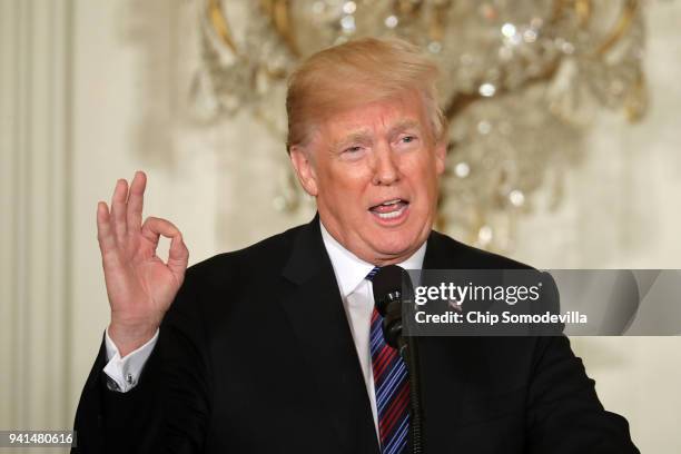 President Donald Trump speaks during a joint news conference with Estonian President Kersti Kaljulaid, Latvian President Raimonds Vejonis and...