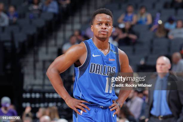 Yogi Ferrell of the Dallas Mavericks looks on during the game against the Sacramento Kings on March 27, 2018 at Golden 1 Center in Sacramento,...