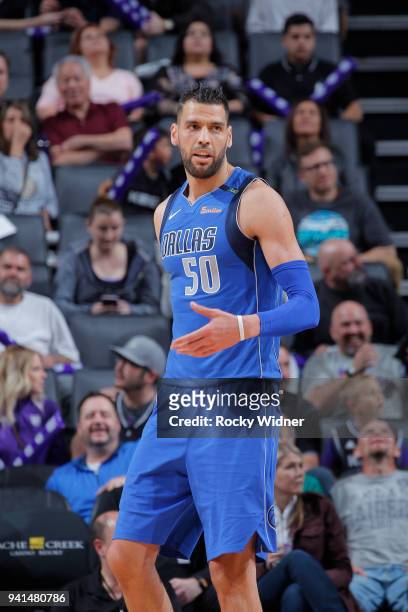 Salah Mejri of the Dallas Mavericks looks on during the game against the Sacramento Kings on March 27, 2018 at Golden 1 Center in Sacramento,...