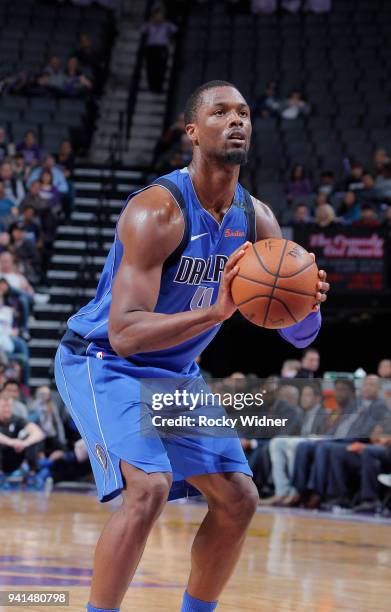 Harrison Barnes of the Dallas Mavericks attempts a free-throw shot against the Sacramento Kings on March 27, 2018 at Golden 1 Center in Sacramento,...